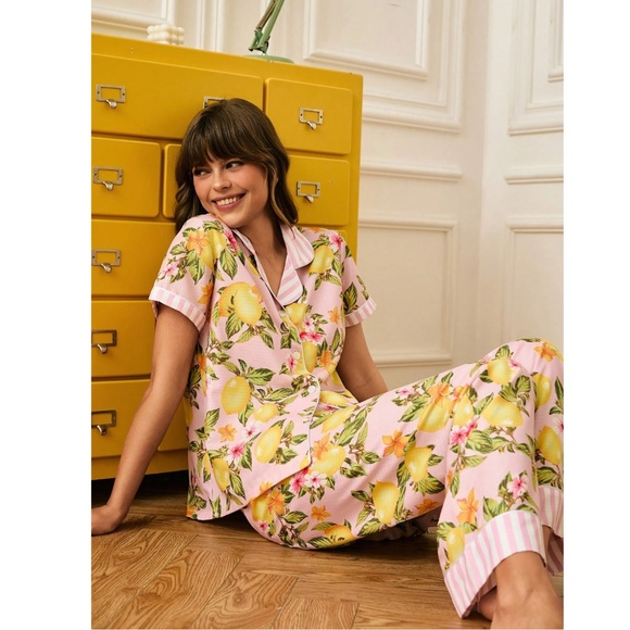 Pink with Lemon Print Pajama Set 2 Piece: Button Down Shirt and Pants - Picture 4 of 10